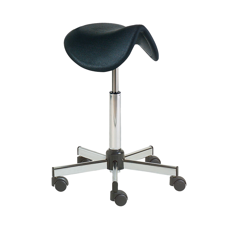Stool with polyurethane saddle seat, stainless steel base