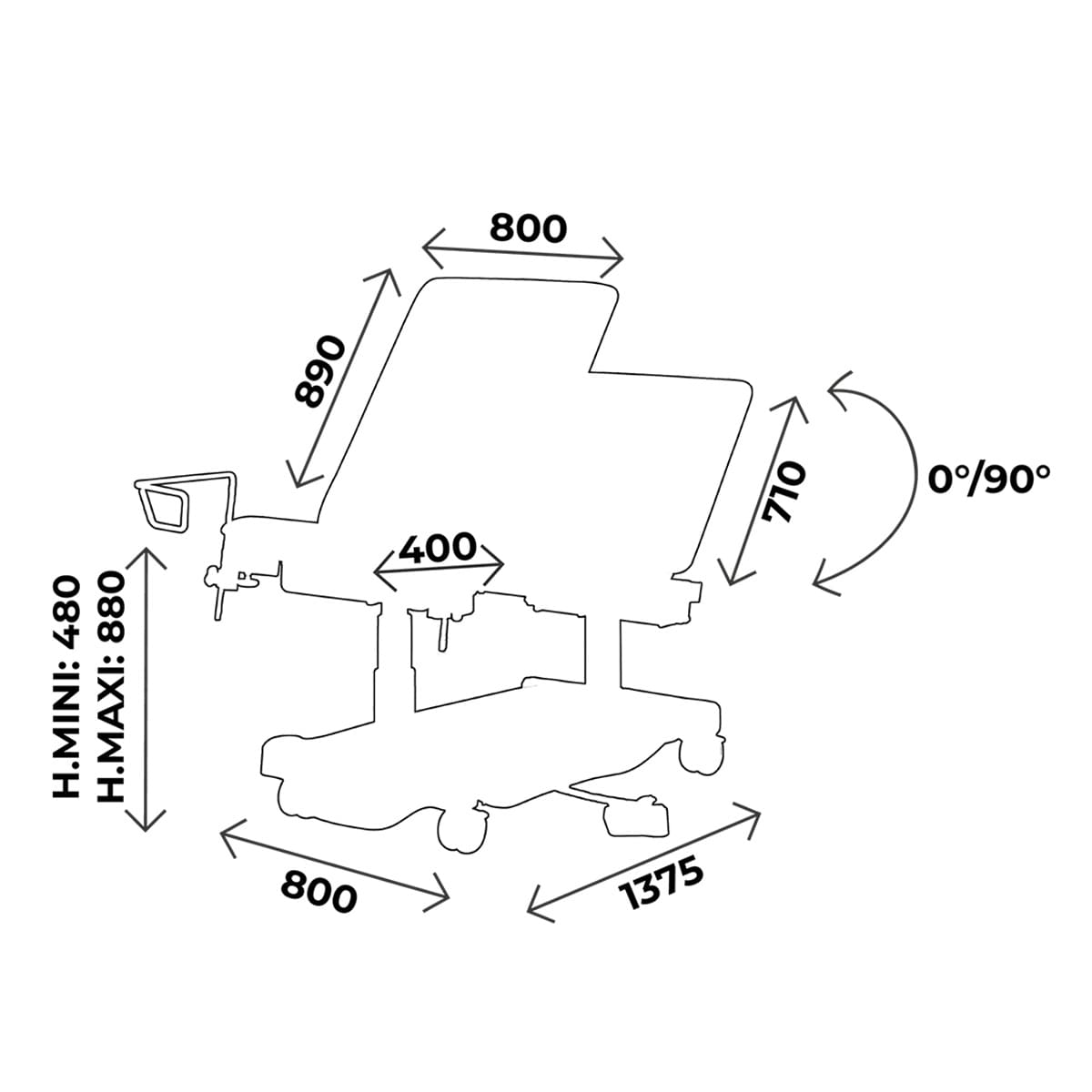 Examination couch width 80cm, multifunction pedal