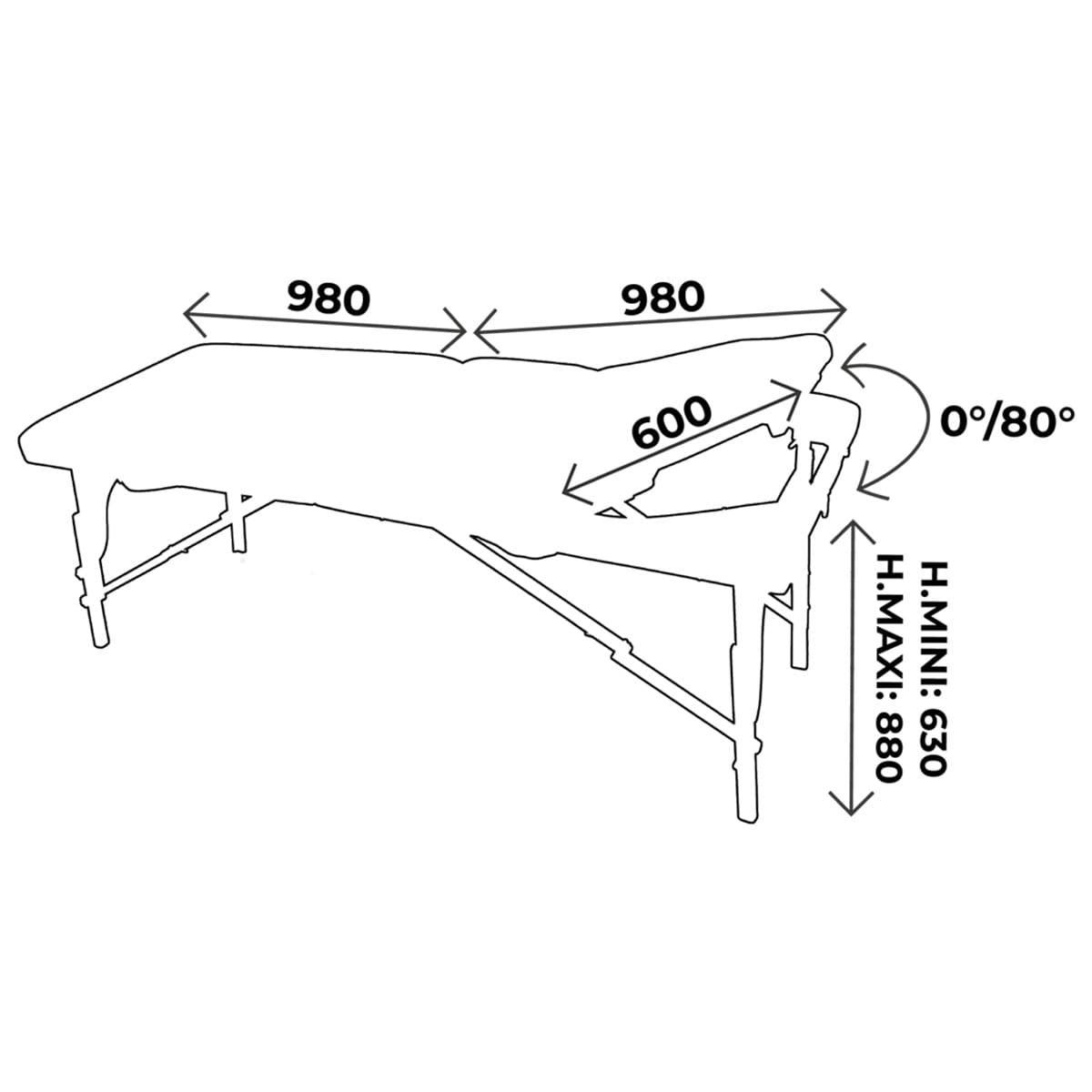 Foldable massage table 2 sections, wood, mechanic height adjustment